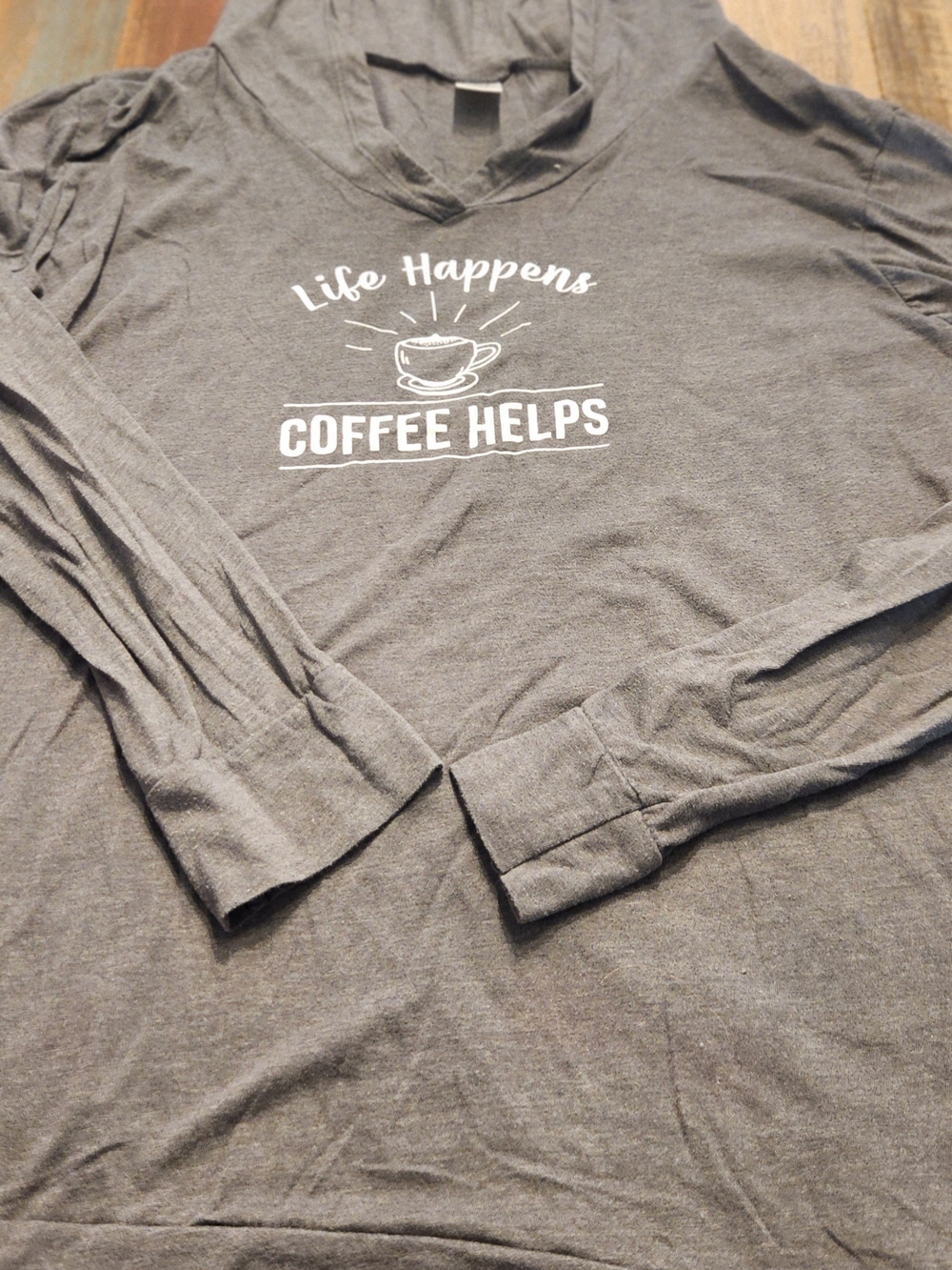 Plus Size Life Happens Coffee Helps Long Sleeve Tee with Hoodie
